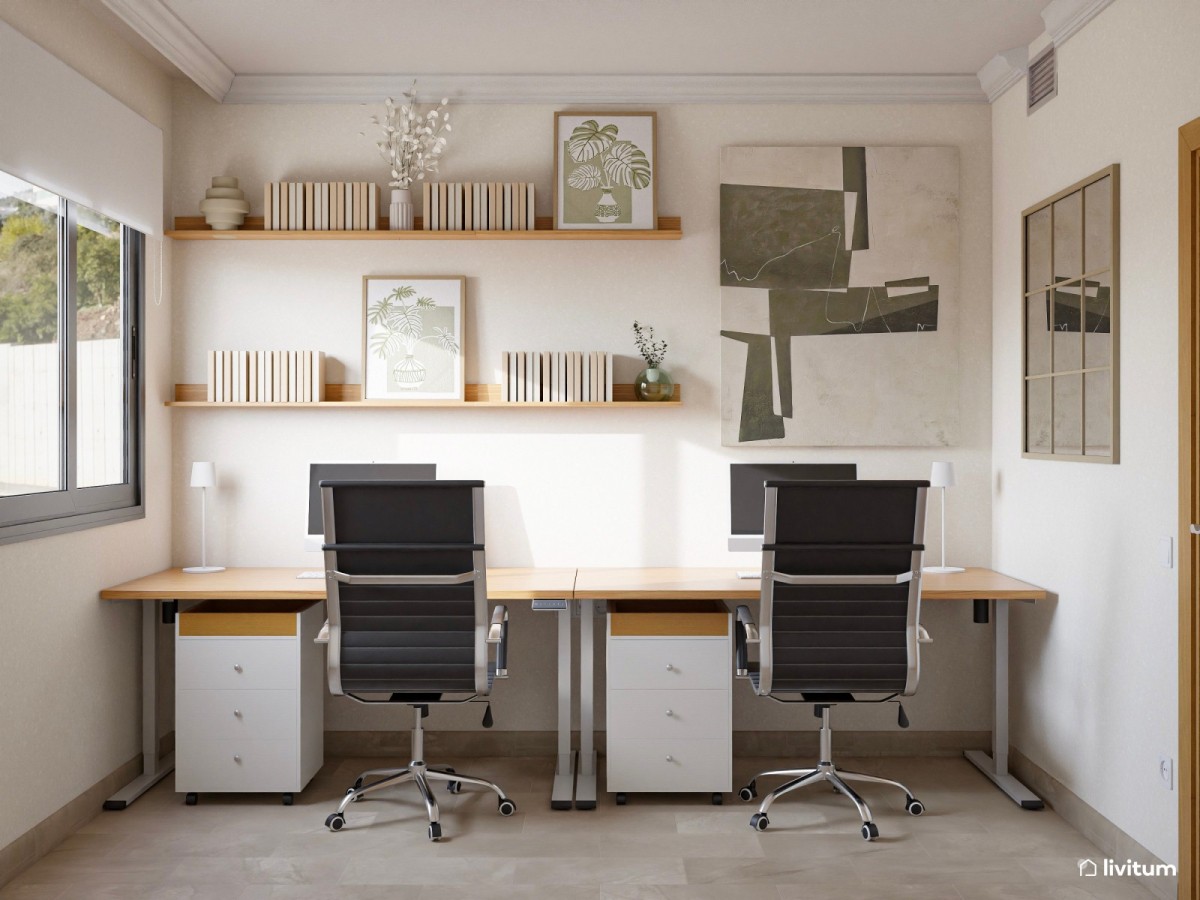 estudio doble con estanter&iacute;as y cuadro decorativo