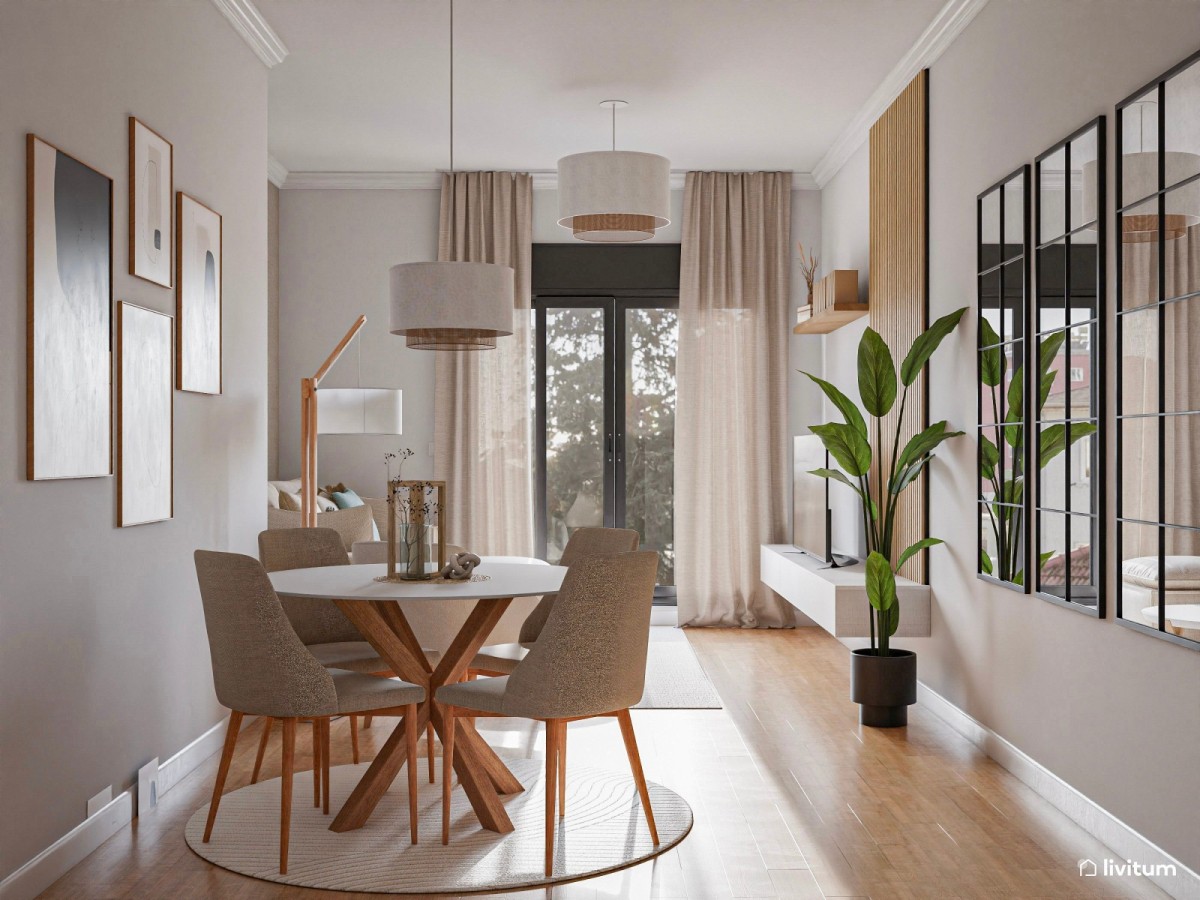 sal&oacute;n comedor en tonos neutros, mesa de comedor circular y cortinas rosas