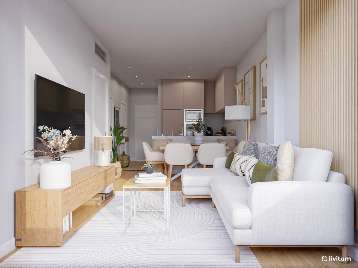 Sal&oacute;n alargado de l&iacute;neas modernas, sofa en forma de 