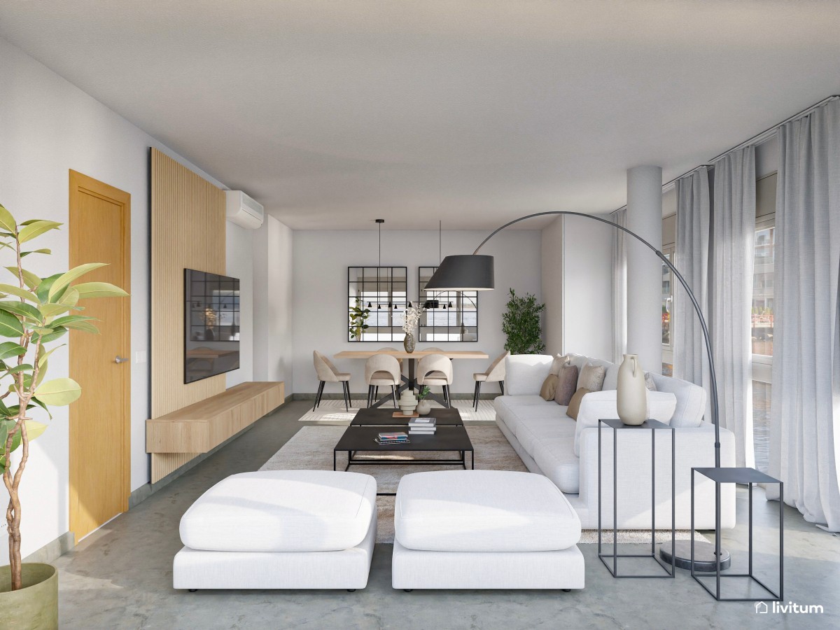 Sal&oacute;n amplio con tonos claros y detalles oscuros