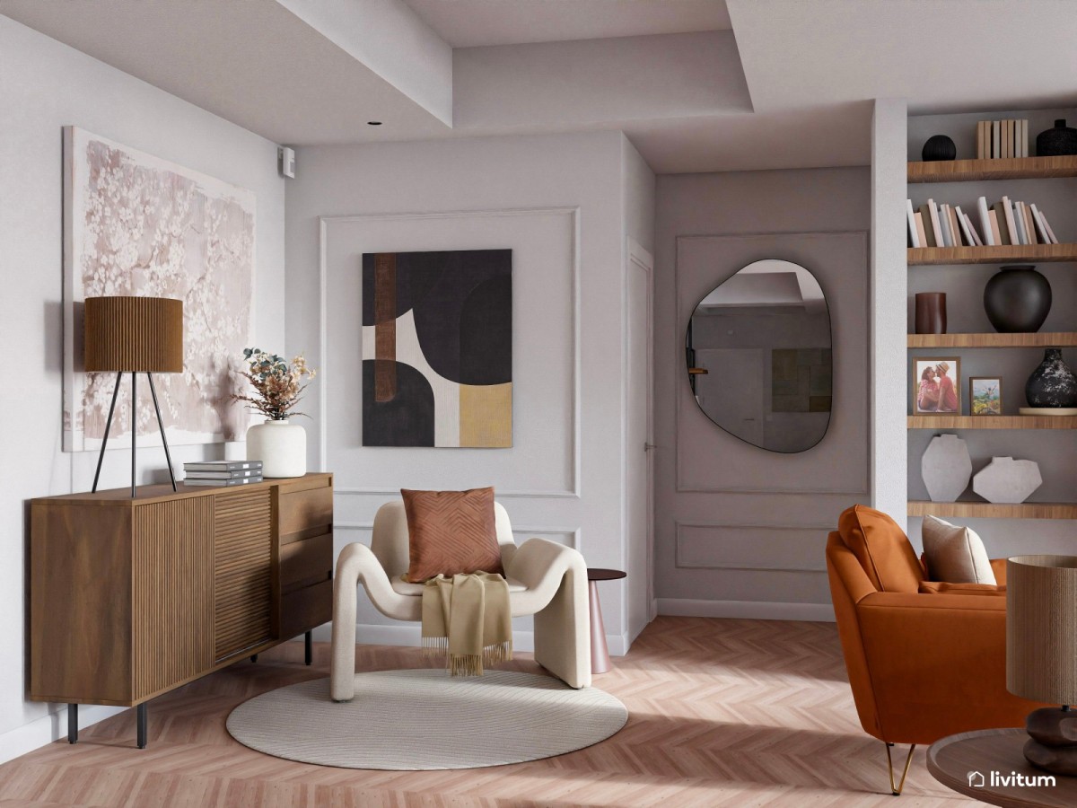 sal&oacute;n en tonos c&aacute;lidos, zona de lectura con sill&oacute;n con forma org&aacute;nica, mueble de madera y cuadros decorativos