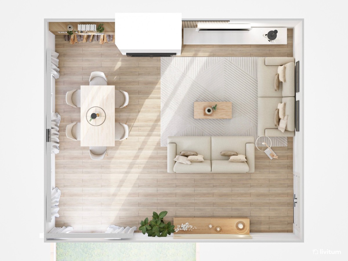 plano de sal&oacute;n comedor en tonos neutros, sof&aacute; en L y mesa de comedor rectangular