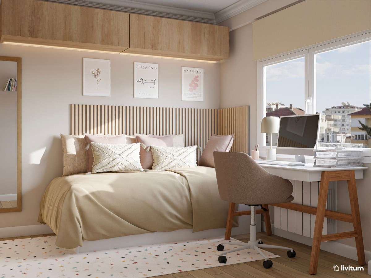 dormitorio en tonos neutros, escritorio y cama individual