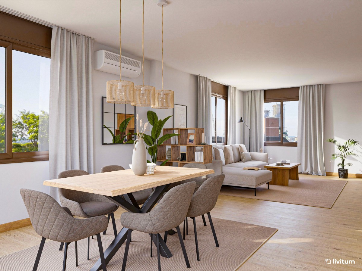 Sal&oacute;n amplio con tonos claros, grises y marrones
