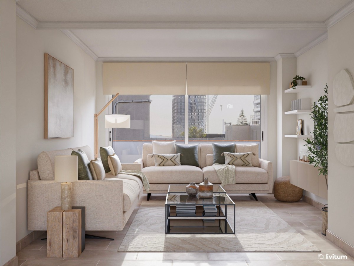 sal&oacute;n con sof&aacute; rinconero y mesa de centro de cristal