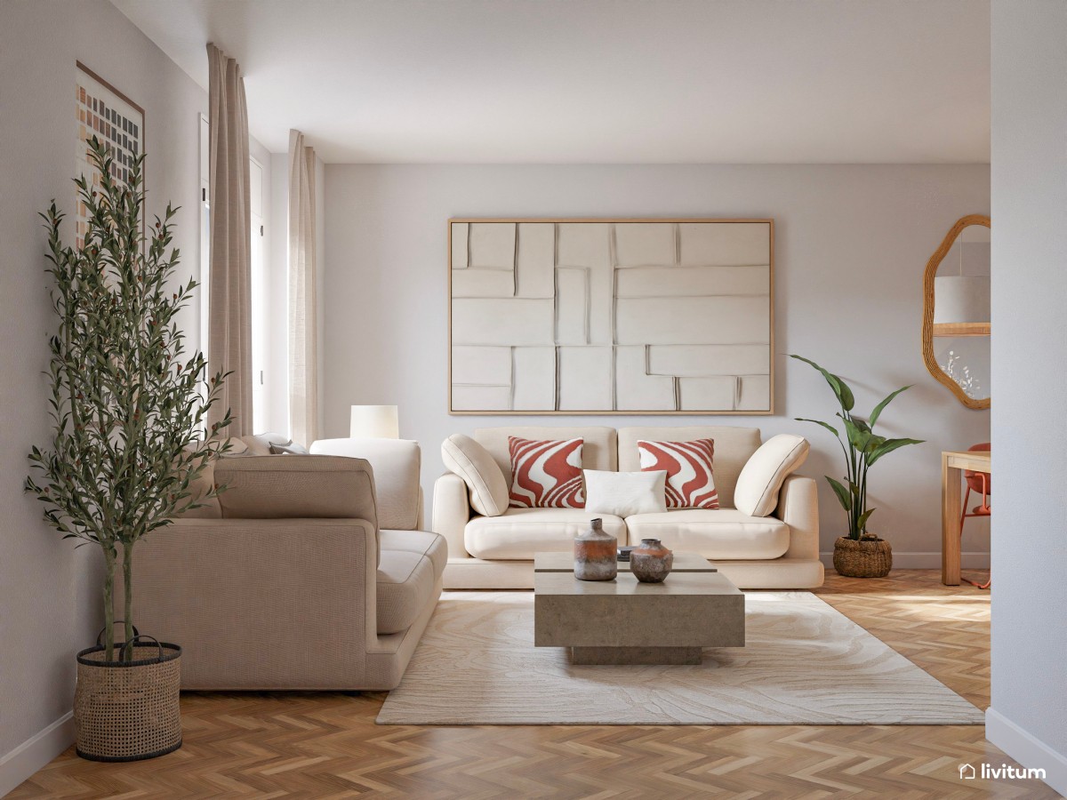sal&oacute;n comedor en tonos neutros, sof&aacute;s y mesa de centro