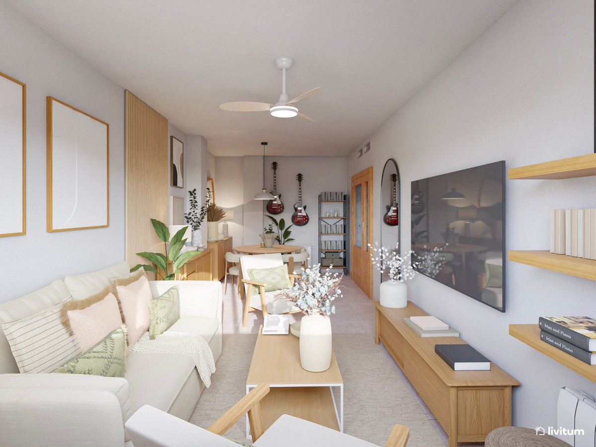Sal&oacute;n alargado en tonos madera con sof&aacute; y sillones