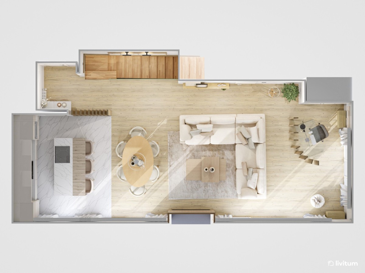 plano de sal&oacute;n comedor con cocina y estudio integrado