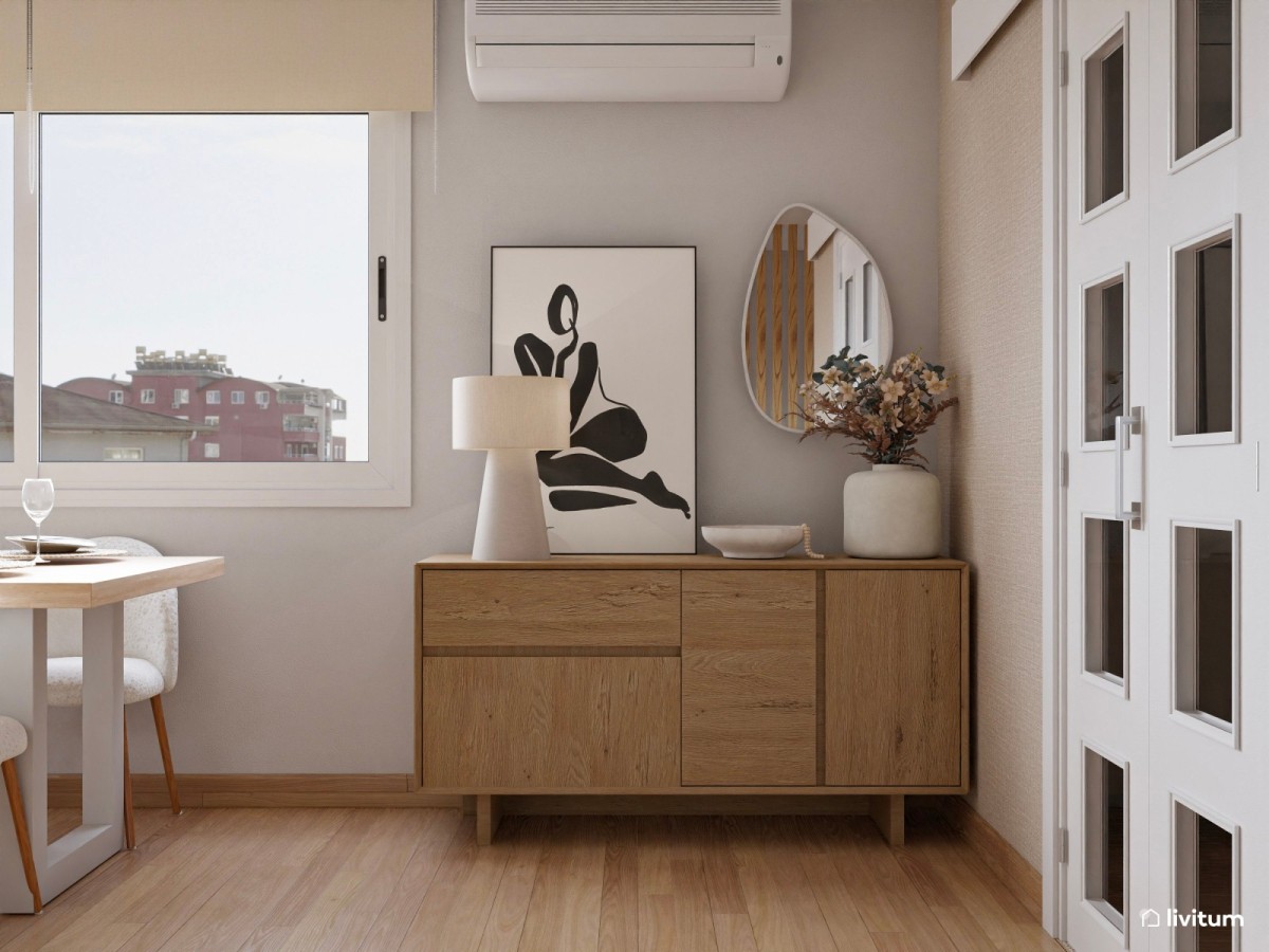 Sal&oacute;n con mueble marr&oacute;n articulos decorativos y espejo de forma org&aacute;nica peque&ntilde;o