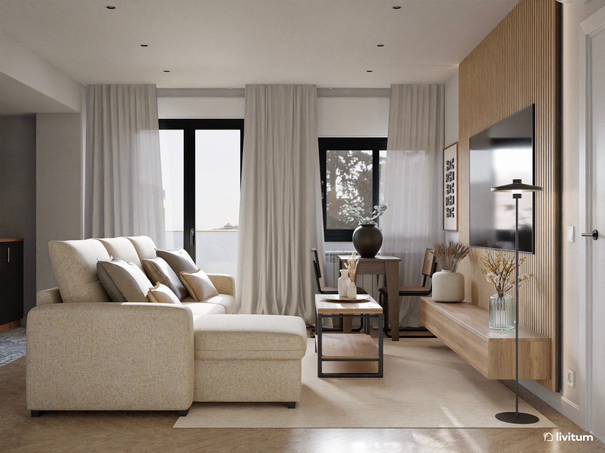 sal&oacute;n en tonos madera, sof&aacute; en L y mesa de madera de centro