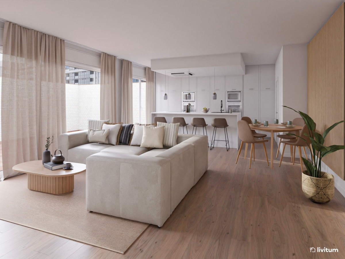 sal&oacute;n comedor con cocina integrada en tonos neutros y marr&oacute;n oscuro, sof&aacute; en L y mesa de centro