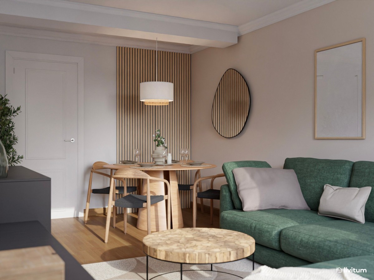sal&oacute;n comedor peque&ntilde;o con sof&aacute; en L verde y mesa de comedor redonda