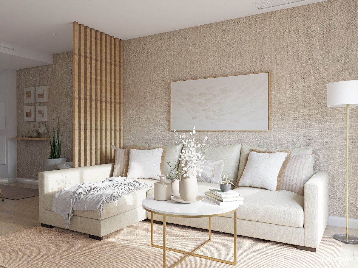 Sal&oacute;n con tonos claros y sof&aacute; en forma de L