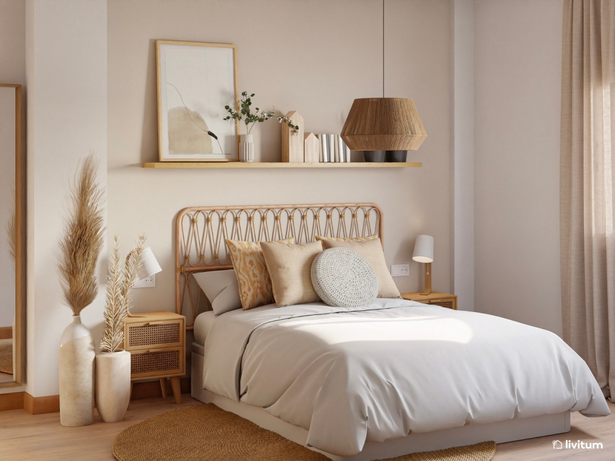 dormitorio en tonos madera, cabecero con formas, cama de matrimonio y estanter&iacute;a flotante 