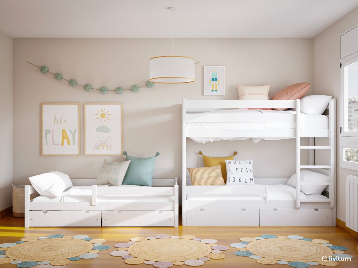 dormitorio infantil con 3 camas y guirnaldas de luces