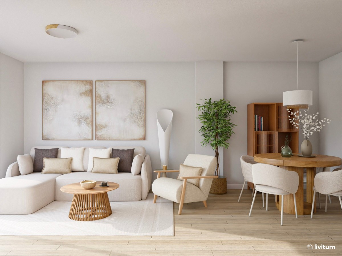 sal&oacute;n comedor en tonos claros. sof&aacute; en L, sill&oacute;n y mesa de comedor de madera