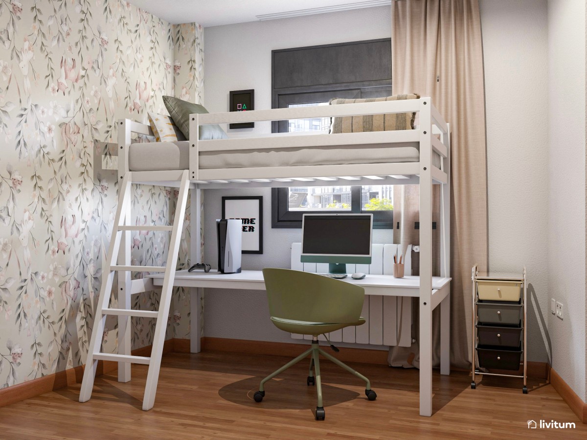 habitaci&oacute;n peque&ntilde;a con cama alta y escritorio debajo 