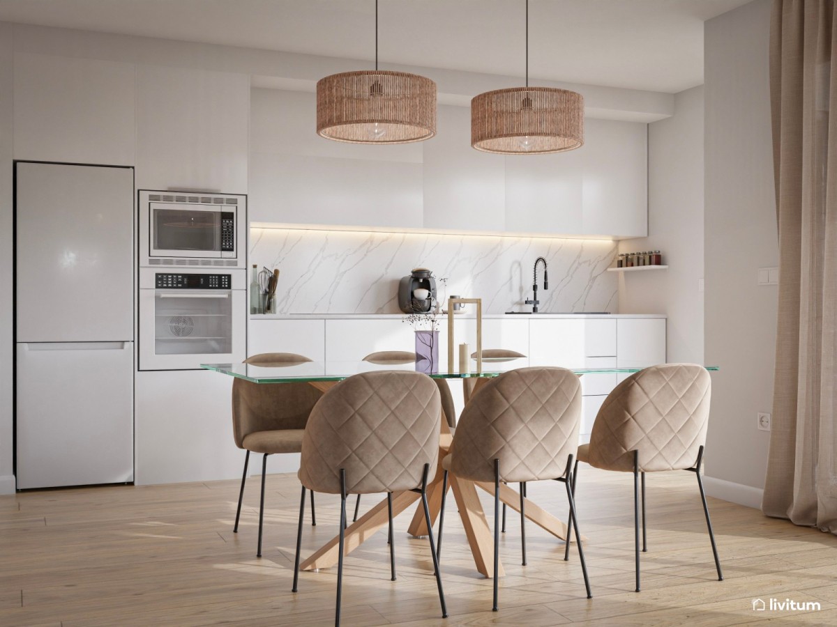 cocina de m&aacute;rmol blanco y mesa de cristal