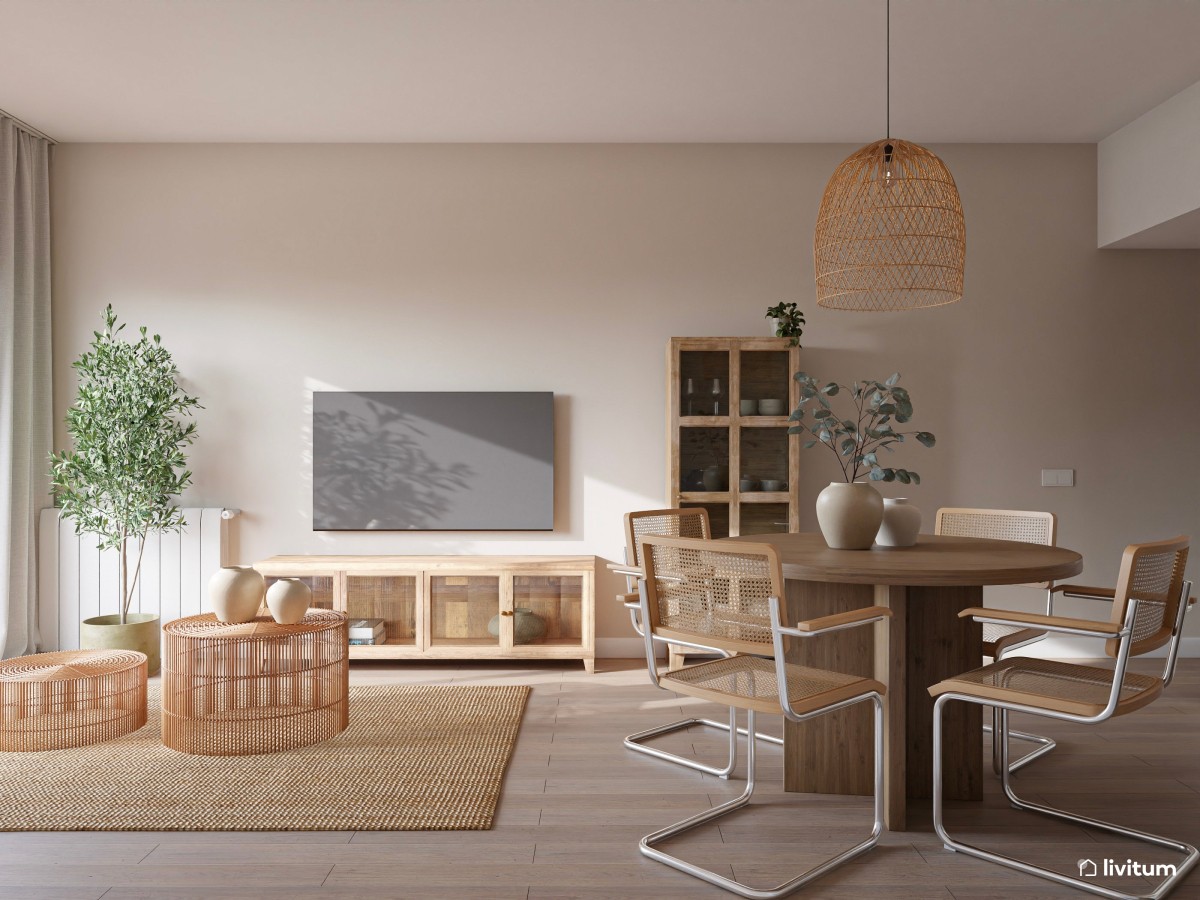 sal&oacute;n comedor en madera, pared acento y fibras naturales