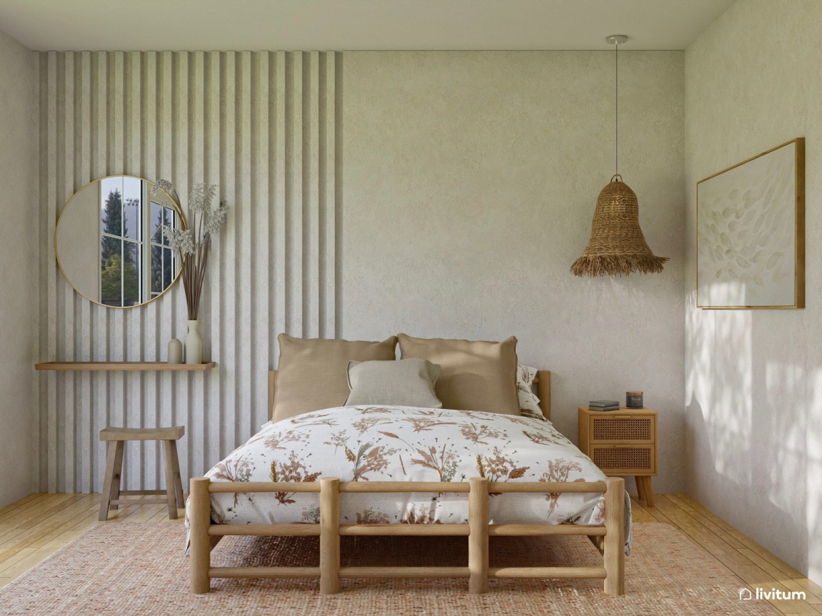 dormitorio r&uacute;stico en tonos neutros, cama doble y mesa de noche