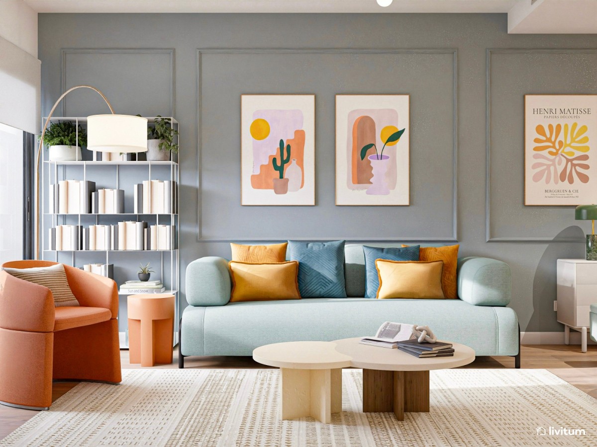 sal&oacute;n colorido con sof&aacute; en azul y sill&oacute;n naranja