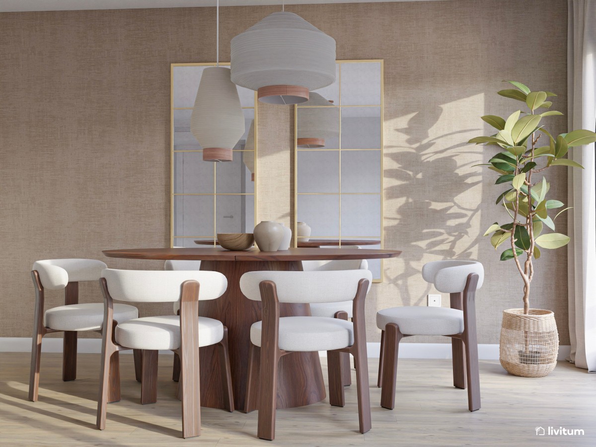 mesa de comedor ovalada color marr&oacute;n chocolate y sillas del mismo tono con beige 