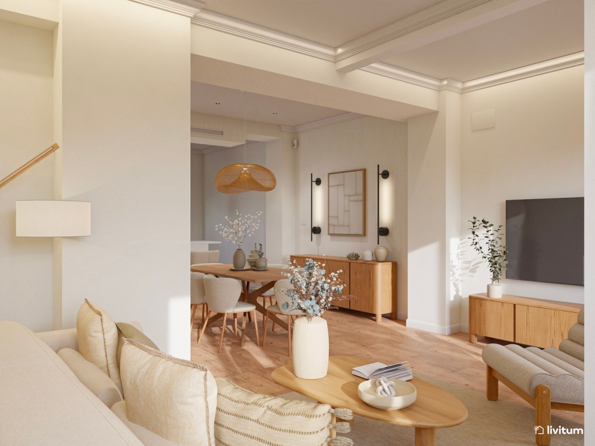sal&oacute;n comedor en tonos madera, sof&aacute; y mesa de comedor de madera