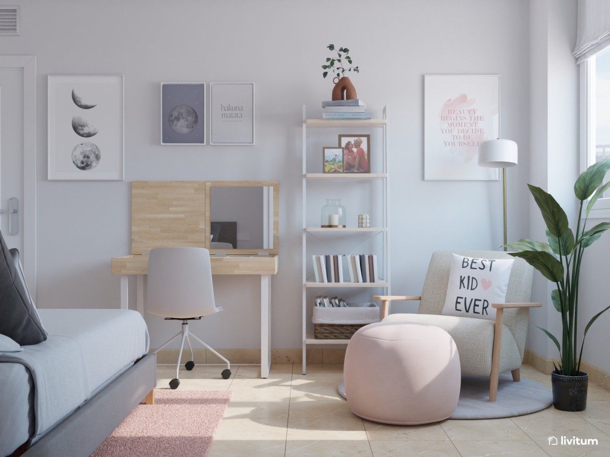 zona de estudio, escritorio de madera y estanter&iacute;a de almacenamiento vertical