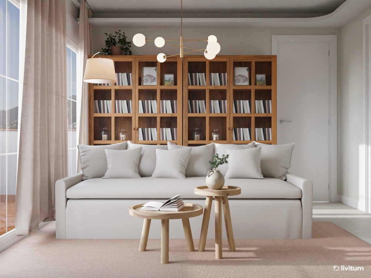 zona de descanso con libreria grande en tono marr&oacute;n oscuro