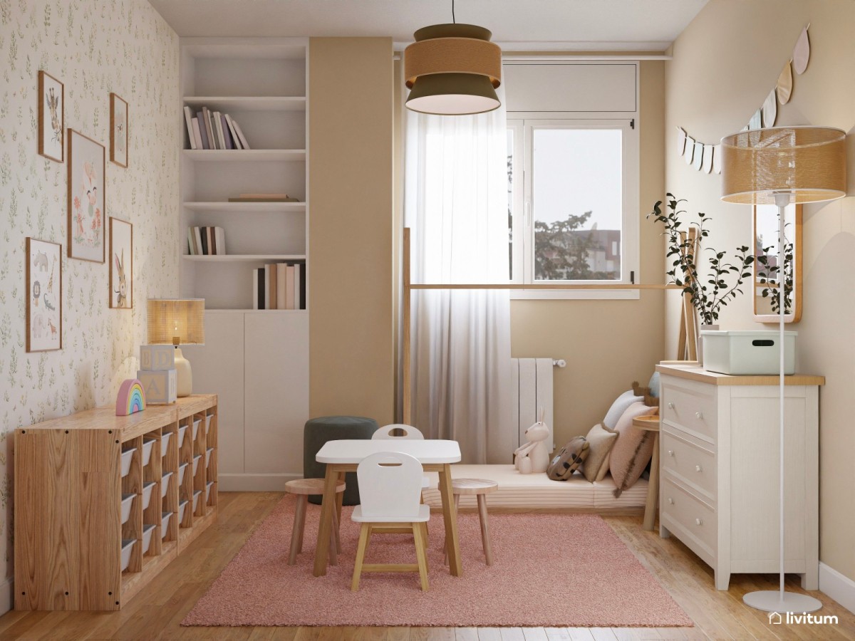 dormitorio infantil en tonos neutros, cama en forma de tipi y alfombra rosa