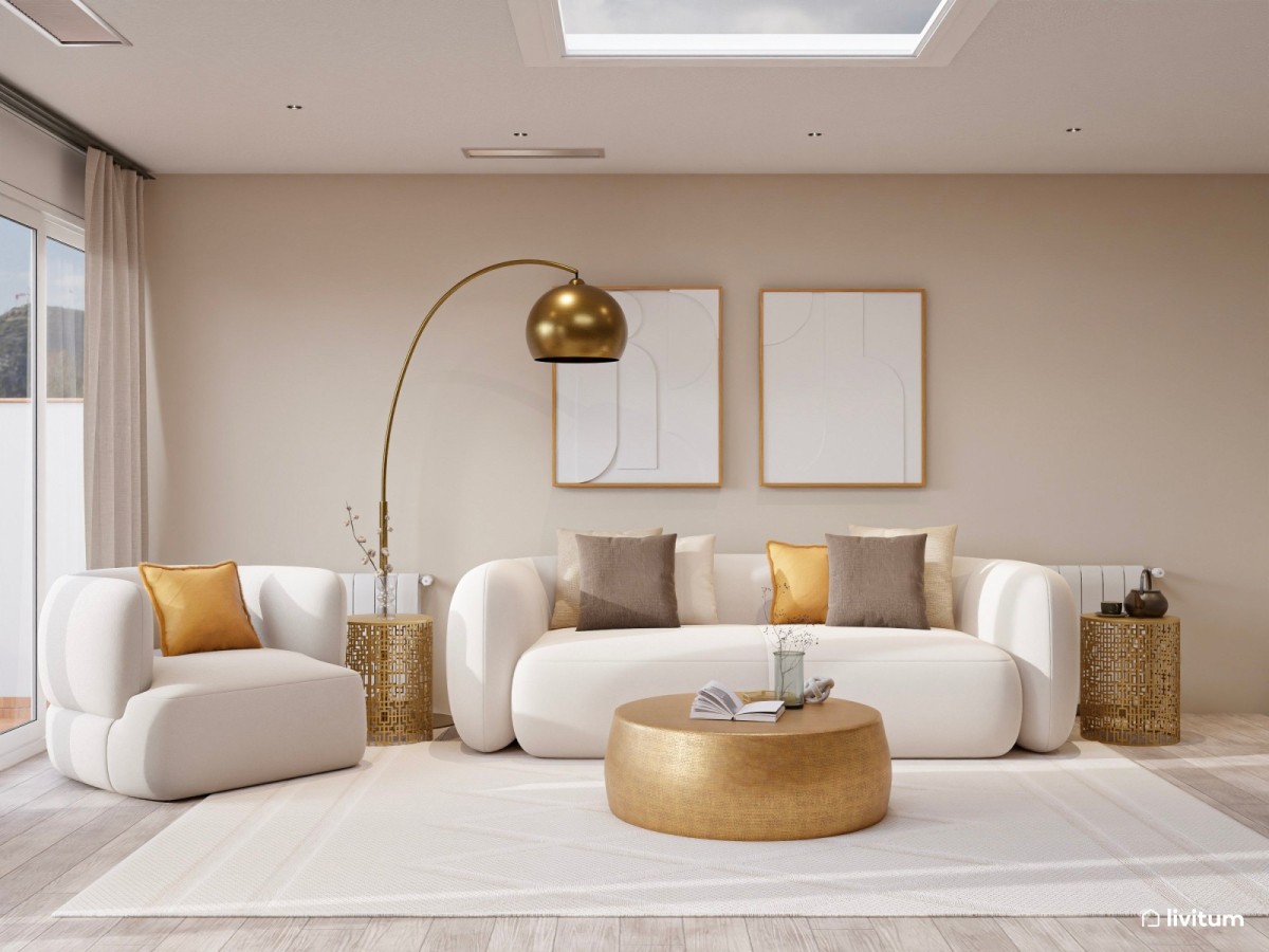 sal&oacute;n en tonos claros y detalles mostaza y dorado