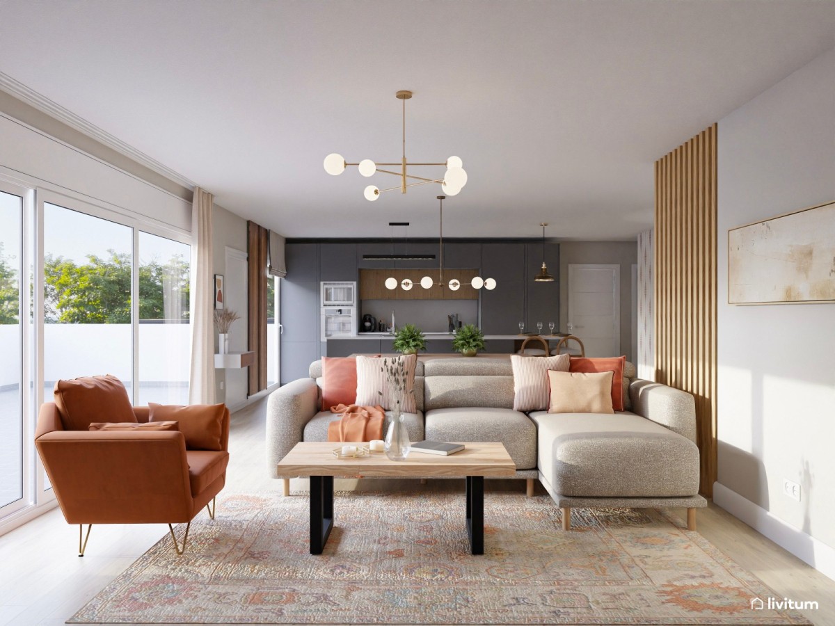sal&oacute;n con cocina integrada en tonos oscuros, sof&aacute; en L y sill&oacute;n rojo