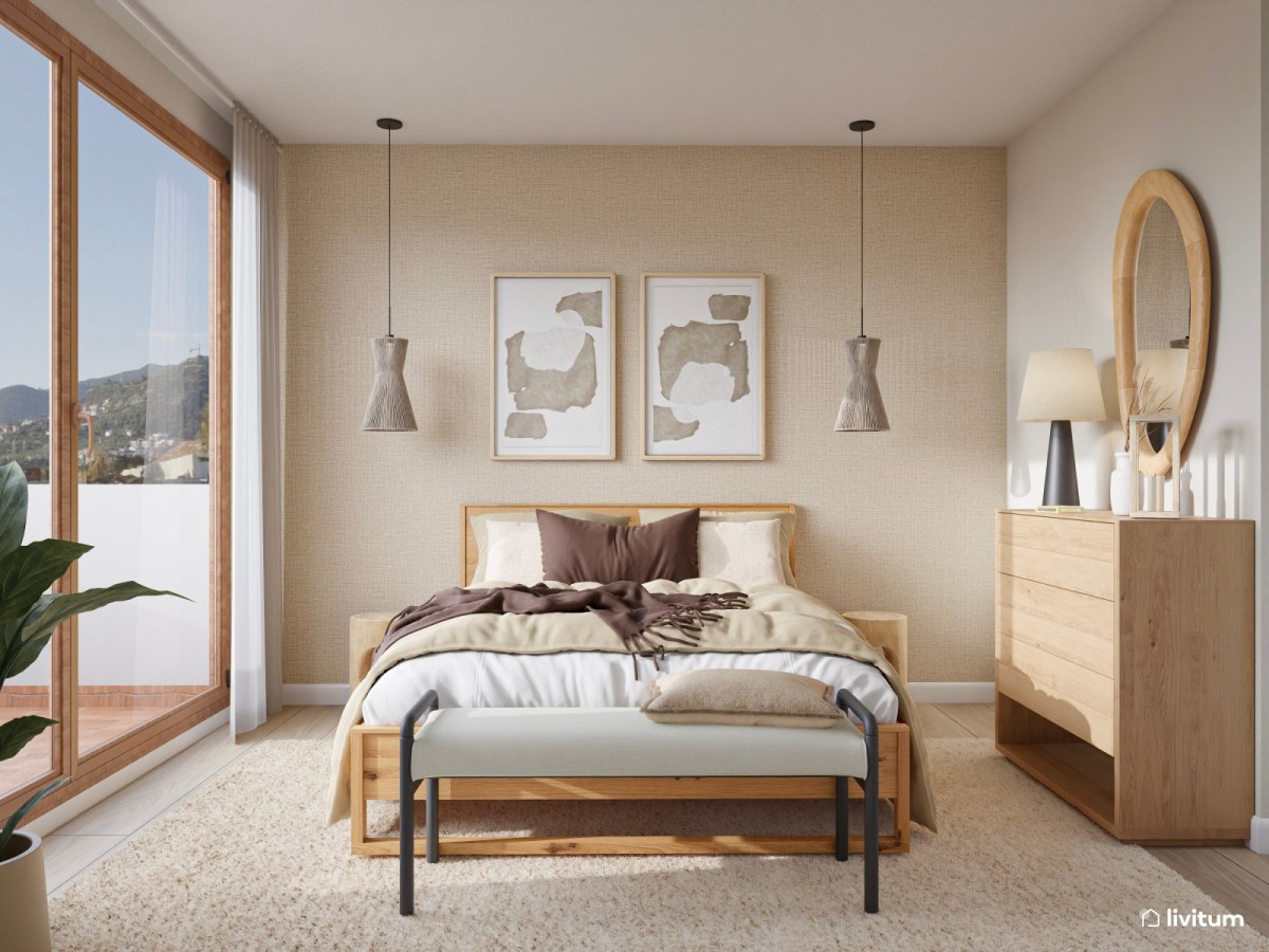 dormitorio en tonos madera, cama de matrimonio y banco a los pies de la cama
