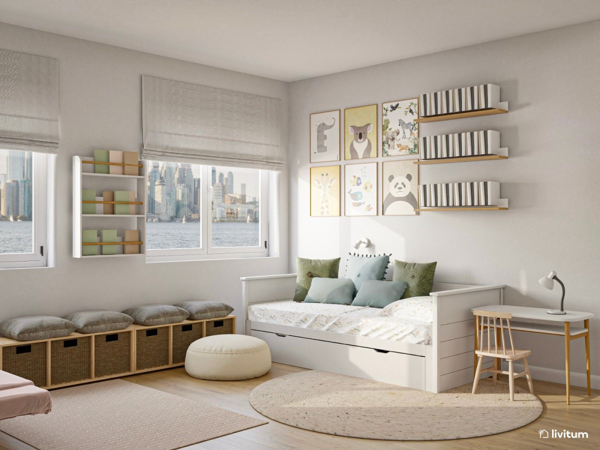 dormitorio infantil grande, cama con almacenamiento y escritorio