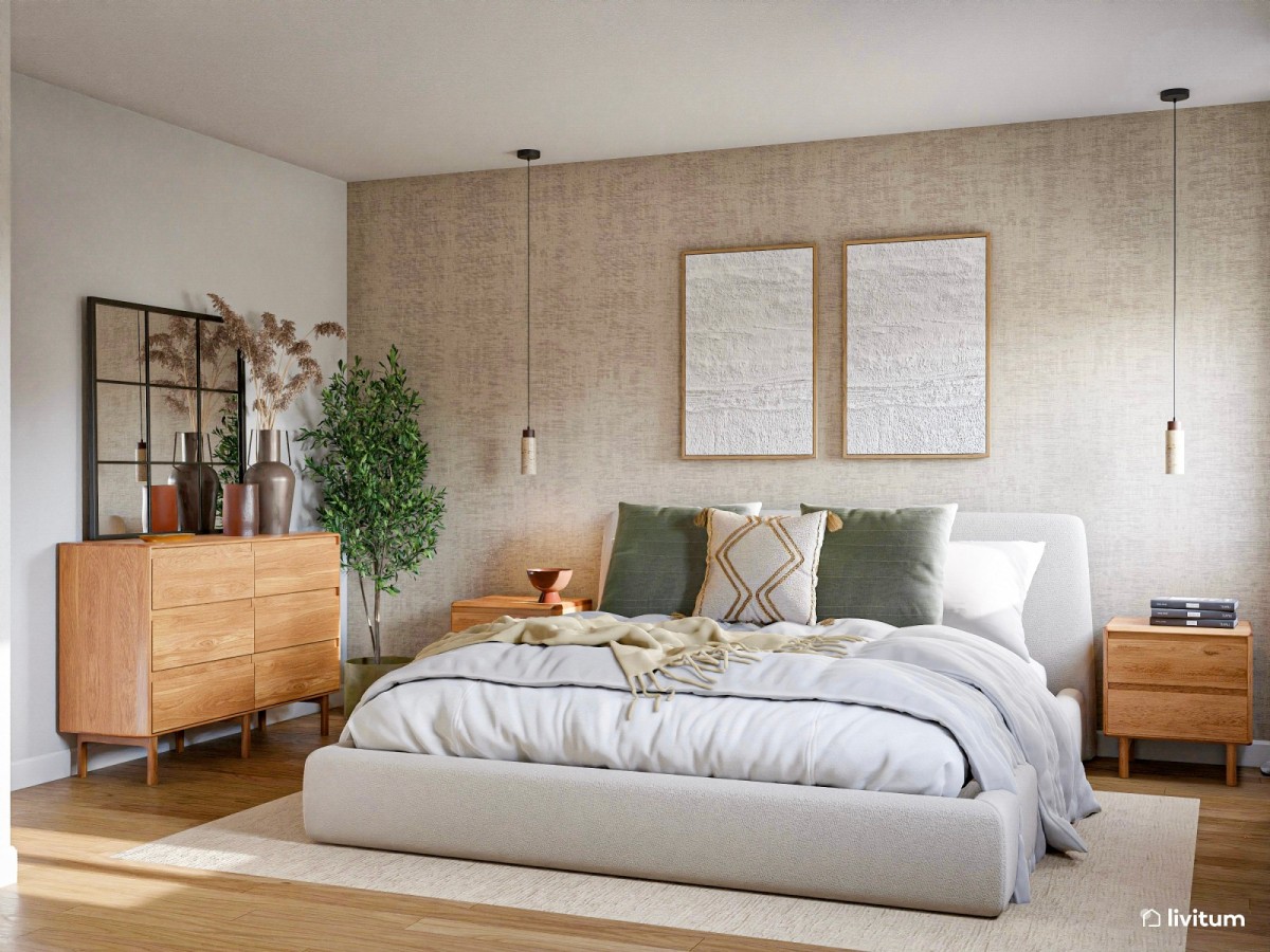 dormitorio con papel pintado, cama de matrimonio y cuadros grandes decorativos