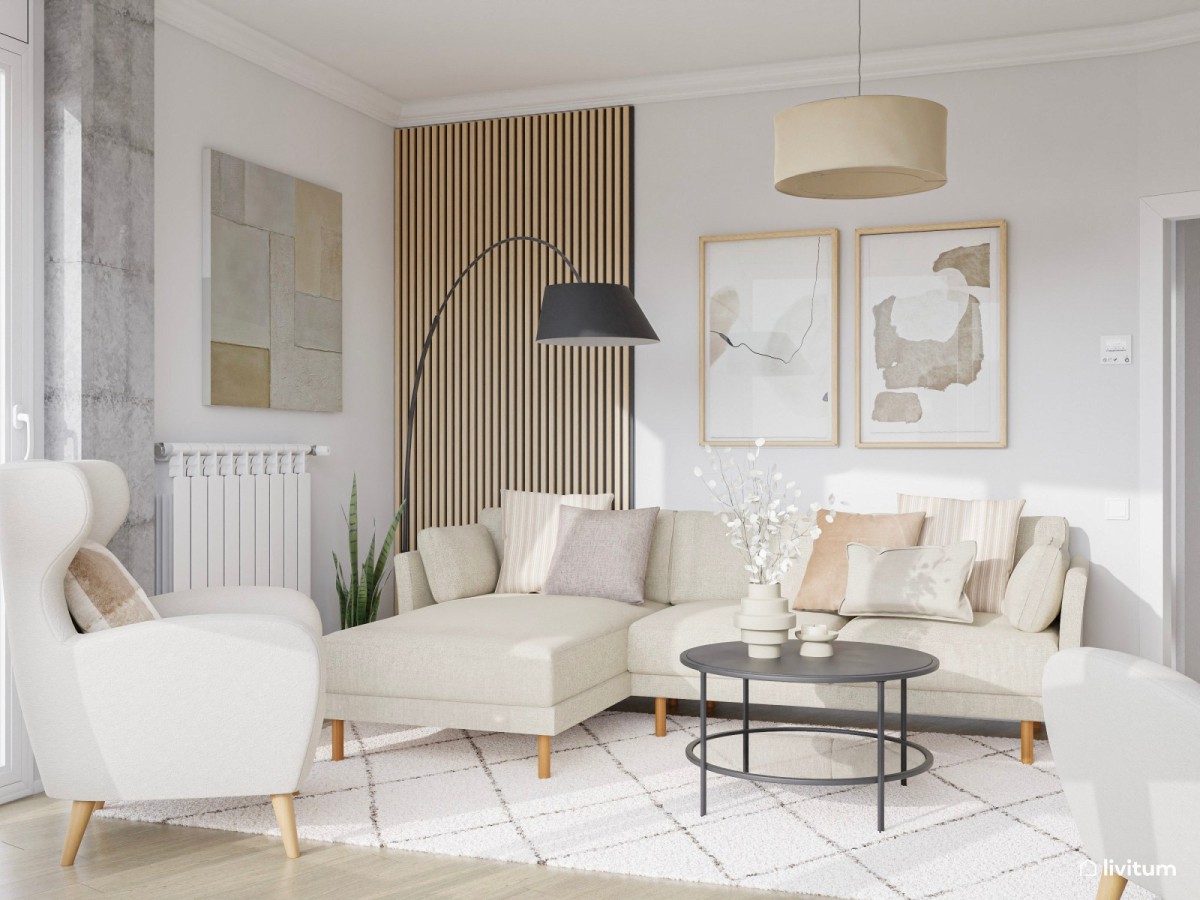 sal&oacute;n en tonos claros con listones de madera, sof&aacute; en L y mesa de centro