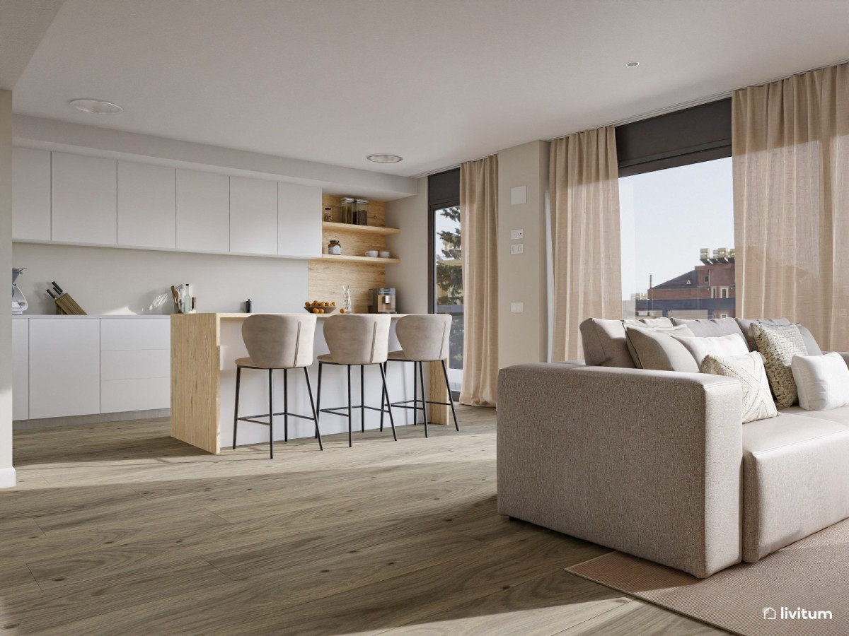 sal&oacute;n con cocina abierta en tonos claros y madera