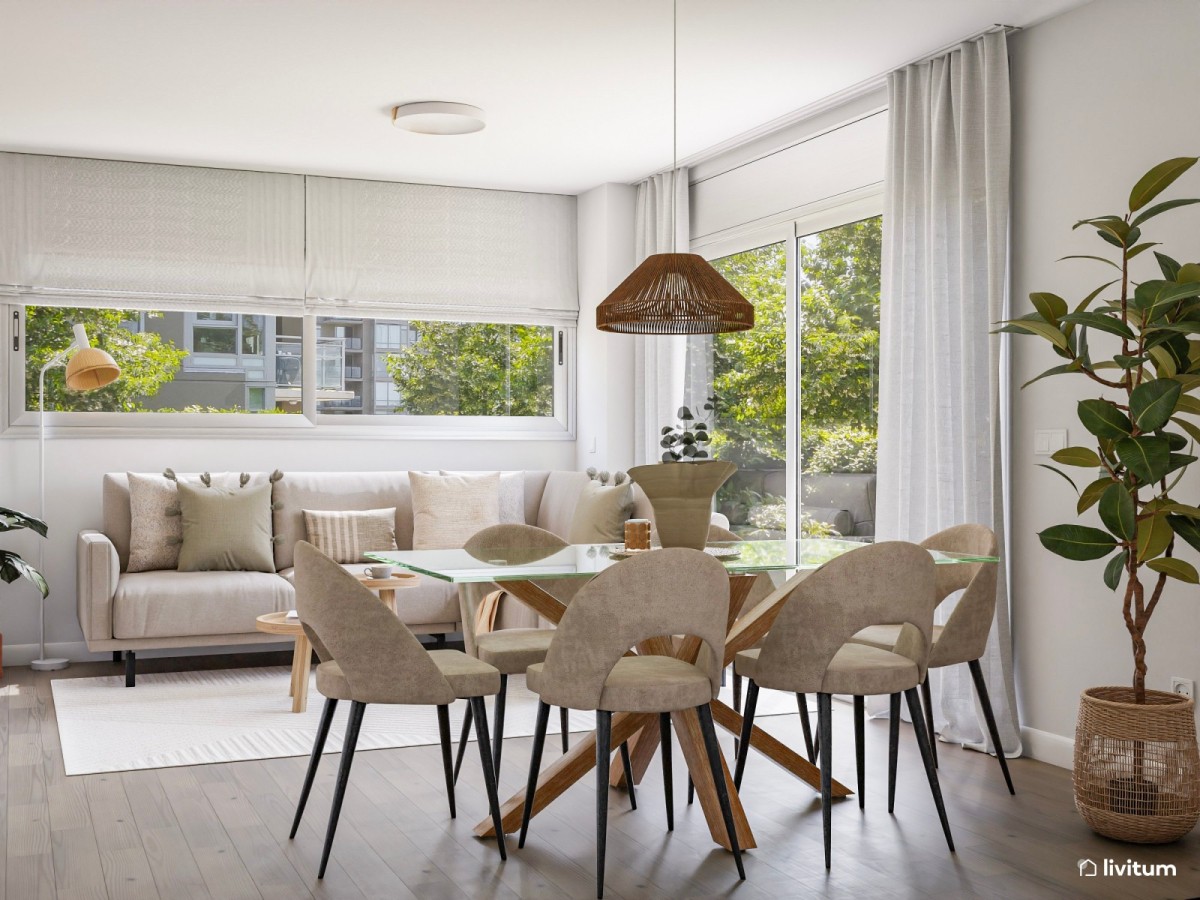 sal&oacute;n comedor en tonos claros, sof&aacute; en L y mesa de comedor de cristal