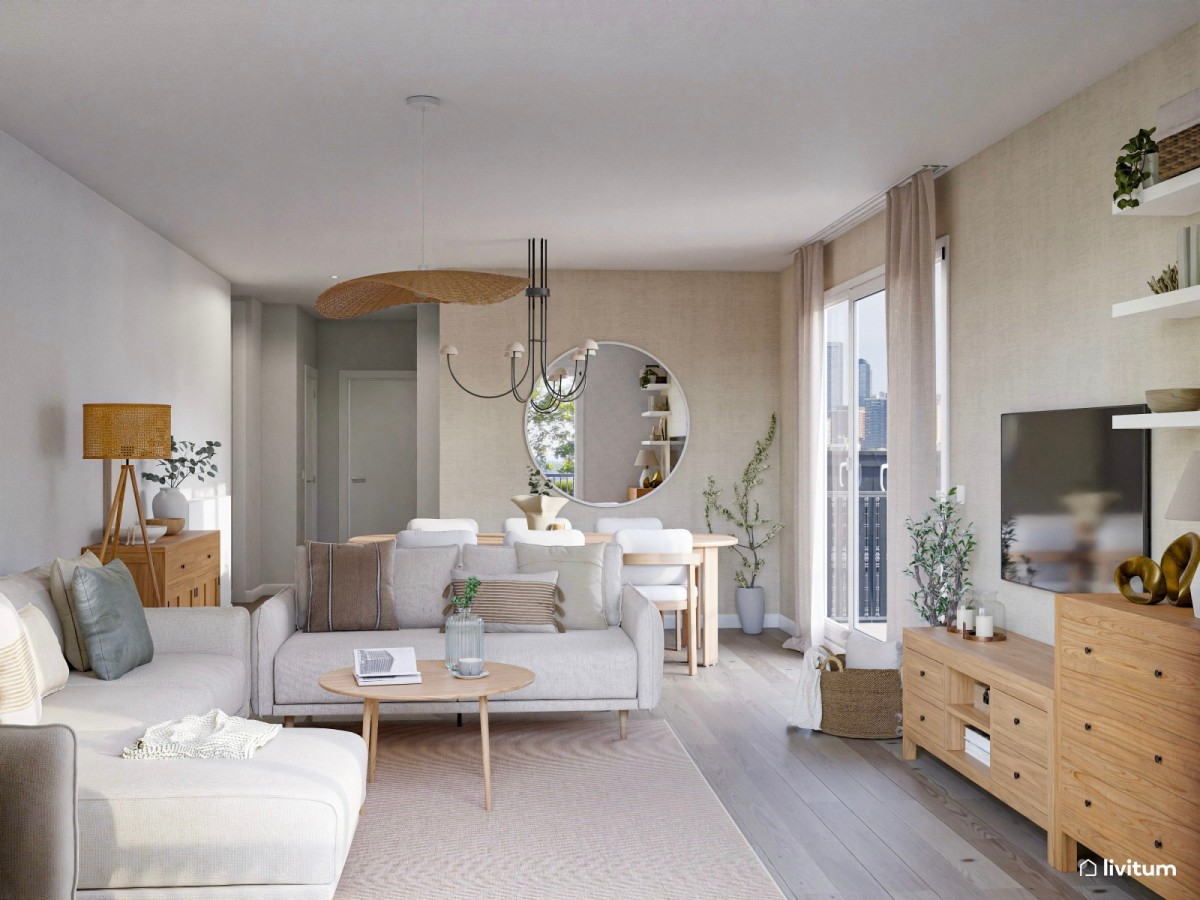 sal&oacute;n peque&ntilde;o en tonos neutros, sof&aacute; en L y mesa de comedor y de centro de madera