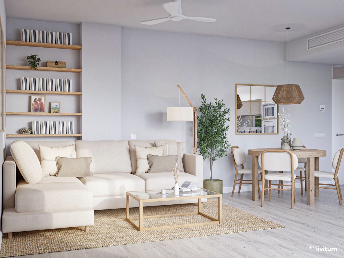 sal&oacute;n comedor en tonos madera, sof&aacute; en L y mesa de centro
