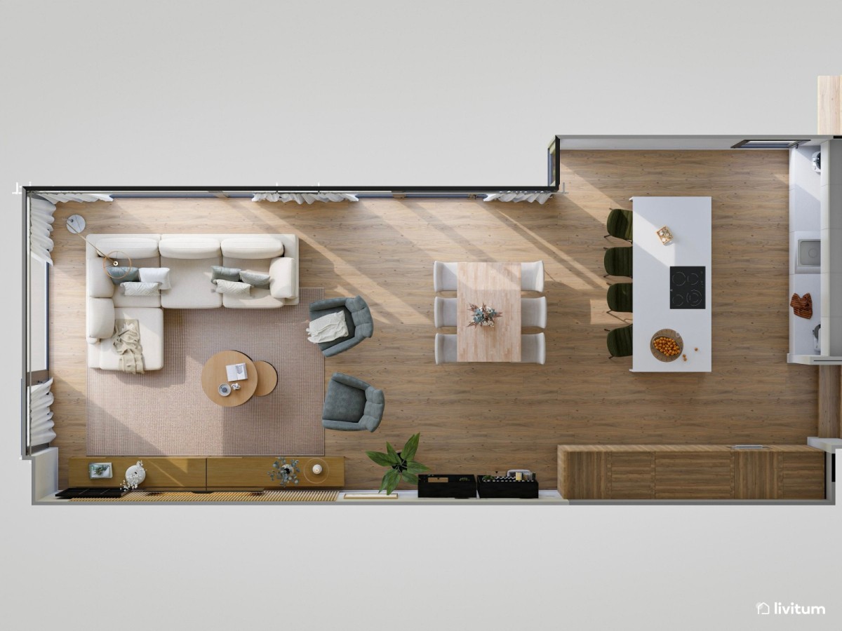 plano de sal&oacute;n comedor con cocina integrada en tonos neutros y madera