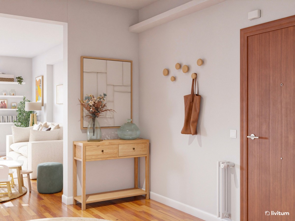 recibidor en tonos claros, mueble de entrada de madera y colgadores de pared