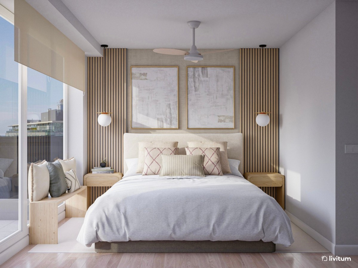 dormitorio con listones de madera, cama de matrimonio y banco de madera