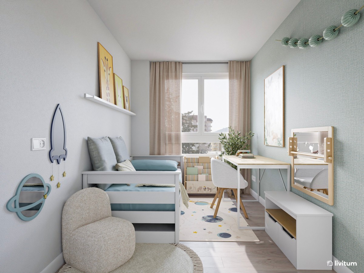 habitaci&oacute;n peque&ntilde;a infantil en azul y blanco 