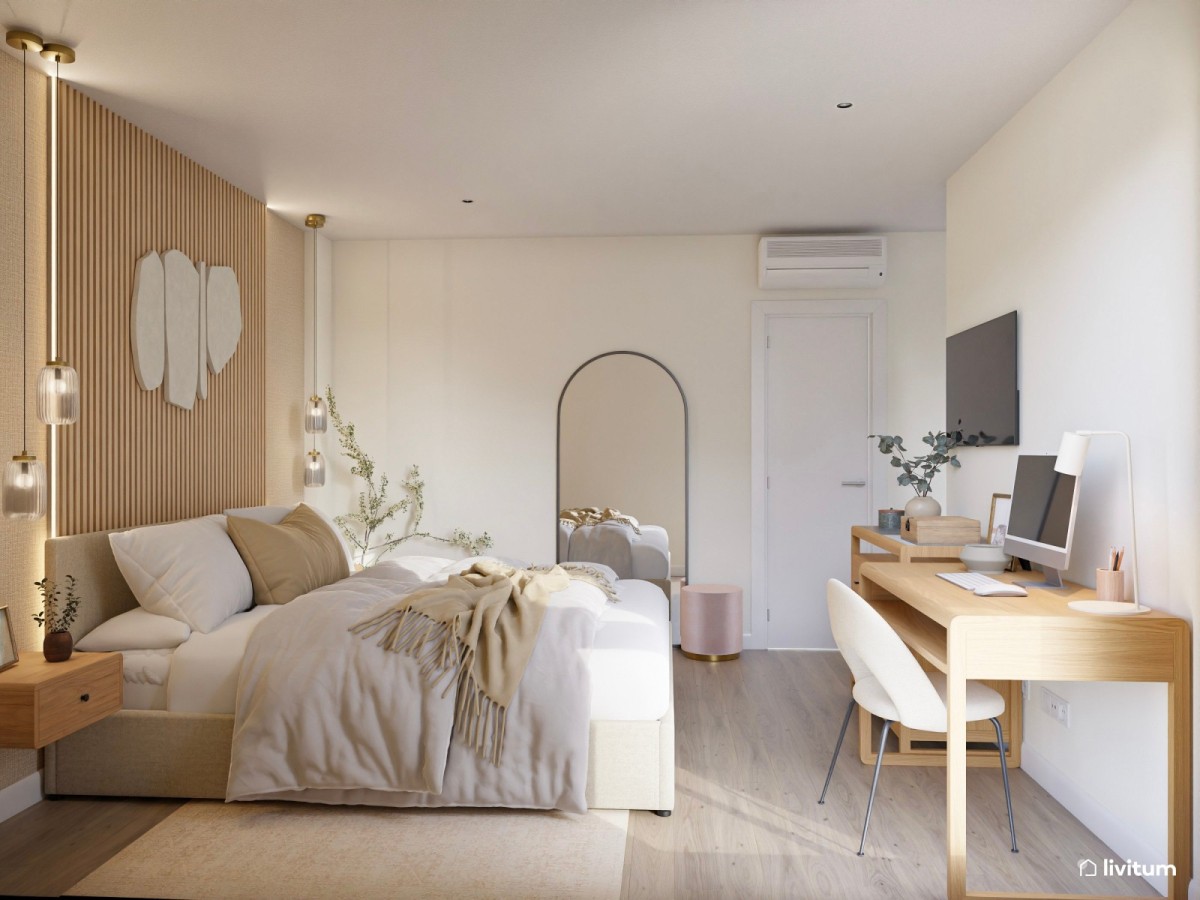 dormitorio con listones de madera y tonos neutros