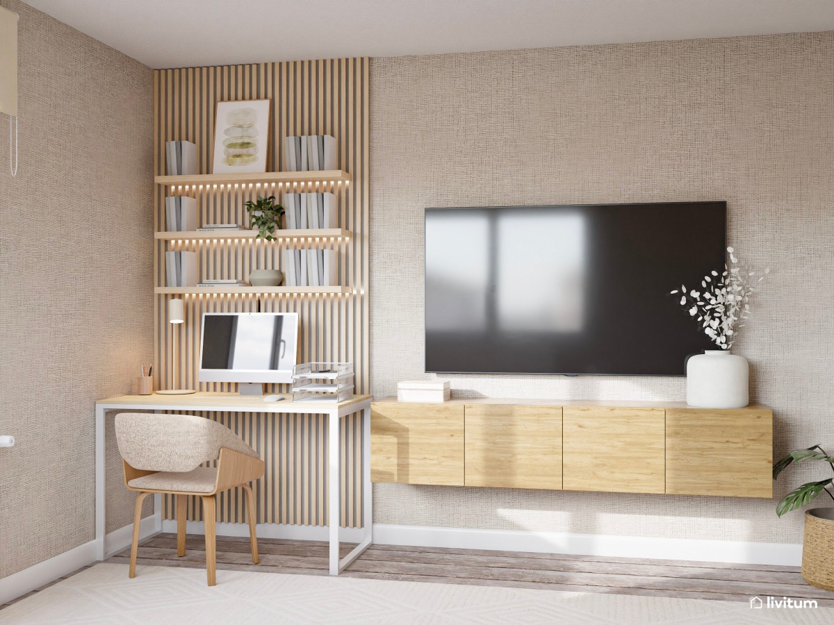 zoan de TV con muebles colgantes y escritorio de estudio con estanterias con libros