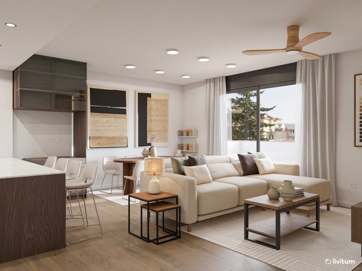 sal&oacute;n comedor con cocina abierta en tonos madera oscura, sof&aacute; en L y mesa de centro