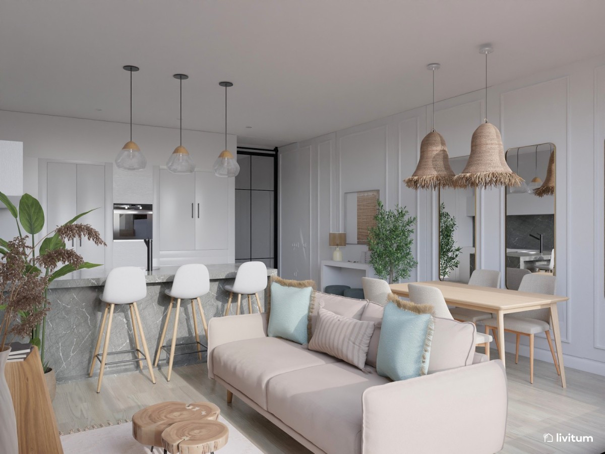 sal&oacute;n comedor mediterr&aacute;neo con cocina integrada en tonos claros y azules