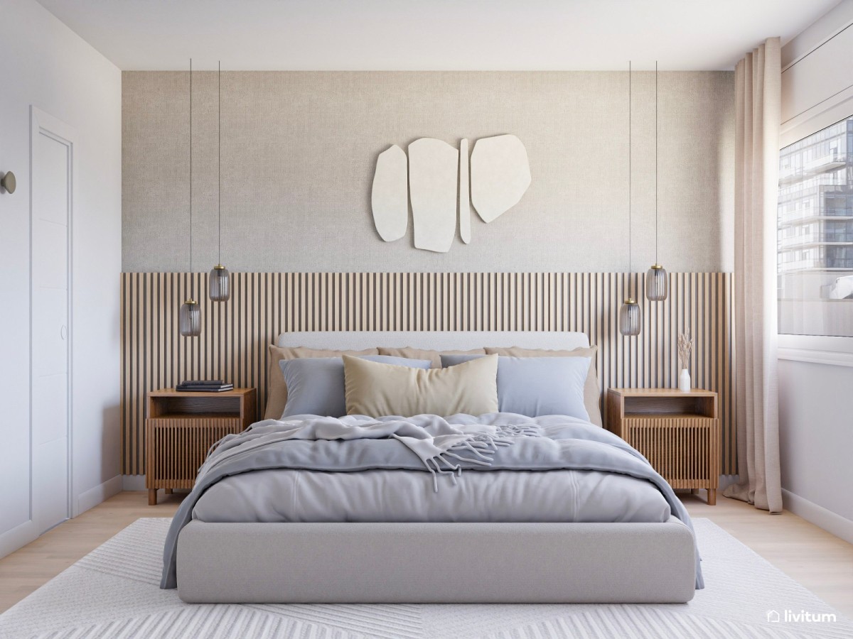 dormitorio en tonos claros y detalles azules con cama de matrimonio