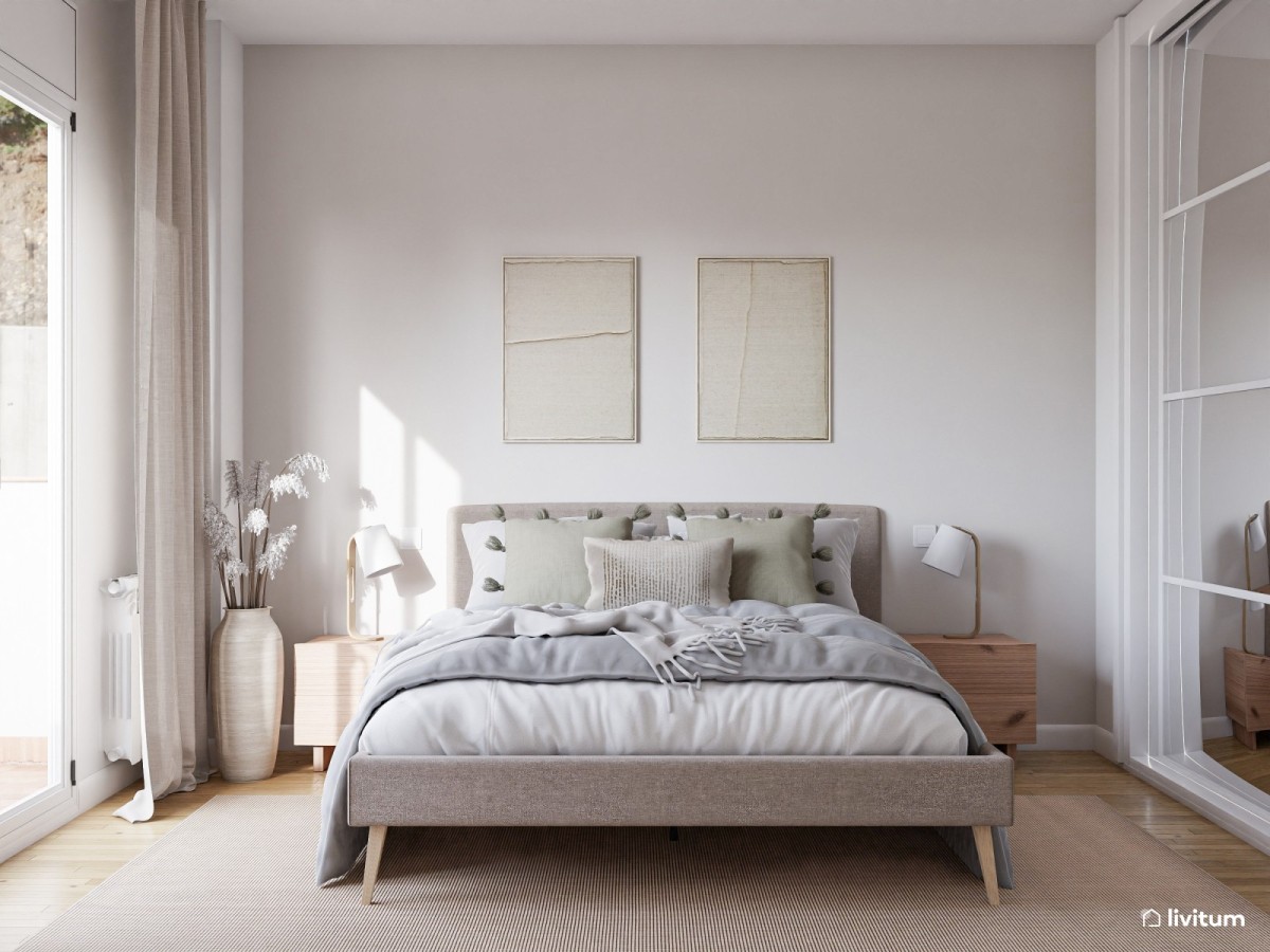 dormitorio de matrimonio con cama doble, y mesas de noche